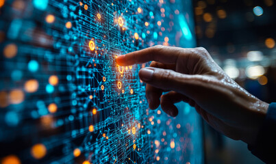 Futuristic digital interface with human hand interacting, glowing data nodes, network connections, technology innovation concept in cyber environment