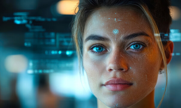 Closeup portrait of young woman with blue eyes, digital biometric facial recognition interface overlay, AI technology concept for identity verification and security systems