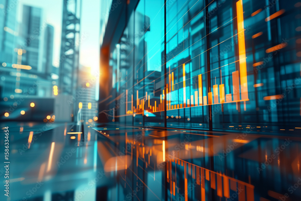 Poster dynamic financial graphs in urban office setting business data visualization modern architecture hig