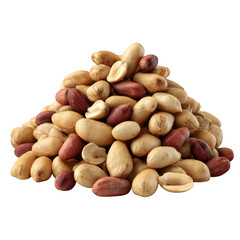 A pile of roasted peanuts with red skins and blanched kernels isolated on transparent background