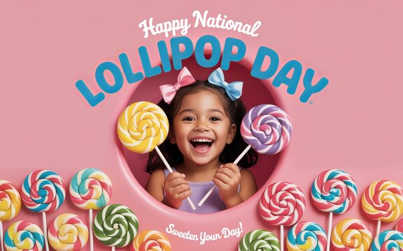 Happy girl holding lollipops celebrating National Lollipop Day joyfully. - Powered by Adobe