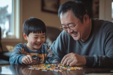 Happy grandfather and grandson solving a puzzle together, sharing joyful moments and strengthening their bond in the comfort of home