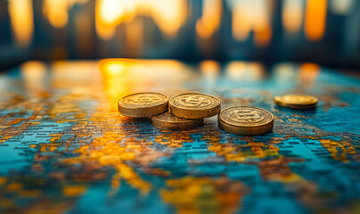 Stacks of golden bitcoin cryptocurrency coins on a world map with city skyline blurred in background representing global blockchain and digital currency investment concept