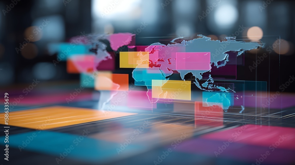 Aufkleber futuristic digital map with colorful data visualization elements.