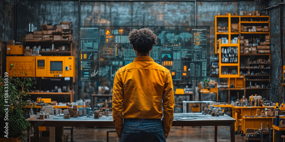 Poster man wearing orange shirt analyzing multiple transparent digital screens with data charts and graphs 