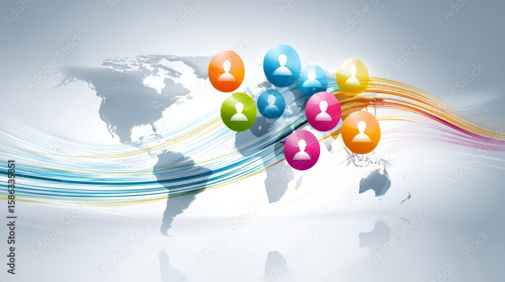 Poster global communication concept with user icons and colorful waves representing connectivity.