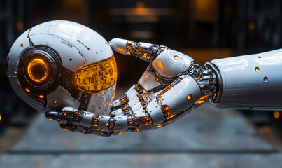 Futuristic white robotic hand holding spherical robot head with glowing orange circuit pattern and mechanical details in dark industrial setting technology concept