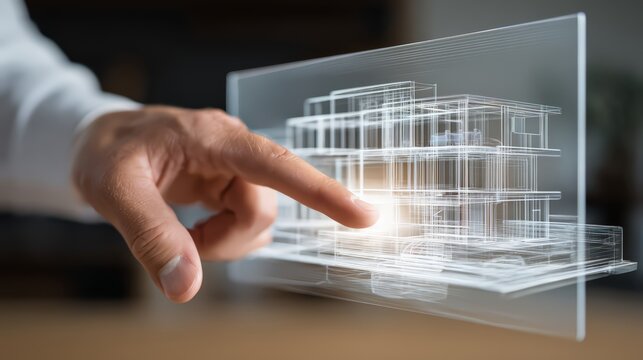 Hand touching holographic building model. Futuristic architecture conceptual design.