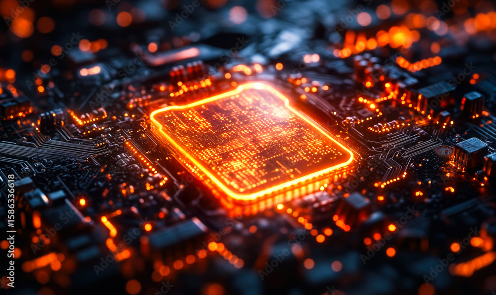Poster glowing orange digital padlock icon on futuristic microchip circuit board representing cybersecurity