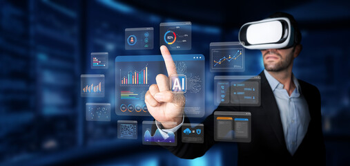 A businessman engages with virtual reality technology, exploring advanced data analytics and...