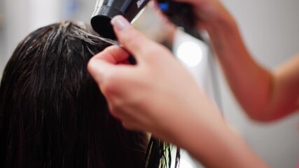 Close-up of woman's hair drying in a hair salon. Beauty industry hairdresser. High quality 4k footage