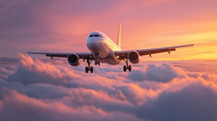 Fototapeta premium Premium image of commercial airplane flying in beautiful sky at sunset,travel concept.