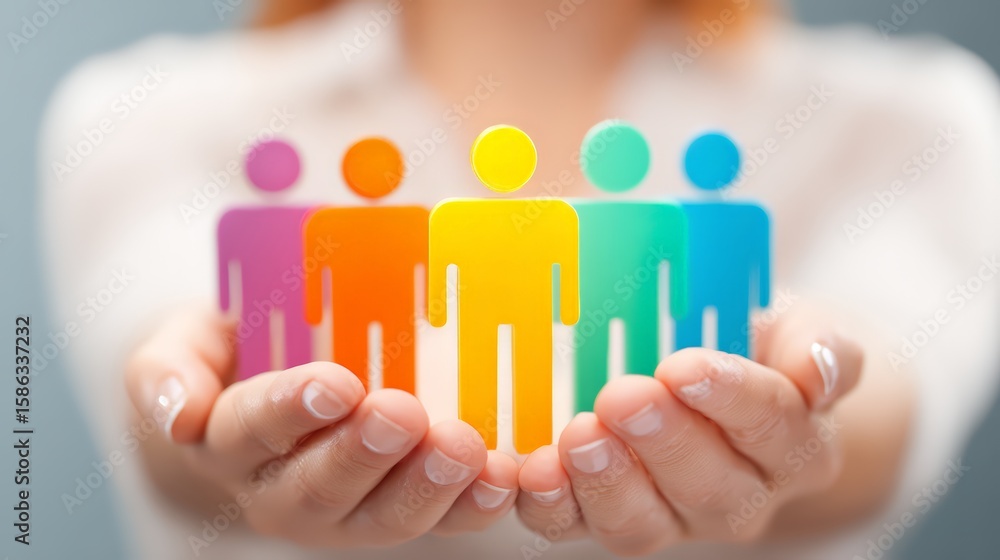 Poster multicolored figures representing diversity and teamwork in hands of a person.