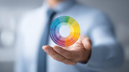 Professional man holding a color wheel, symbolizing creativity and innovation.