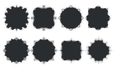 Set of black silhouette frames in various shapes. Rounded and square frames with decorative swirls for vintage design, invitations, labels, announcements.
