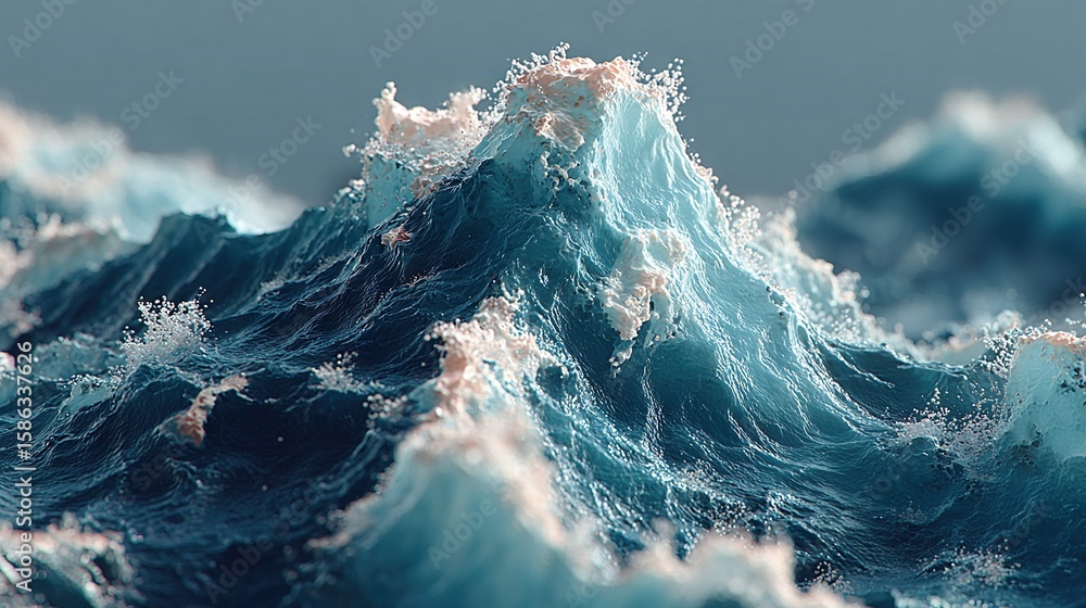 Poster a zoomed-in image of a wave in the sea with a seabird positioned on its peak
