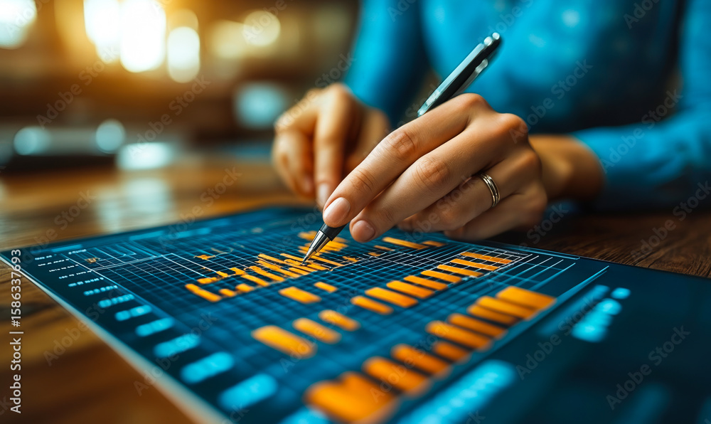 Poster close-up of person analyzing financial data with pen pointing at digital bar charts and graphs on ta