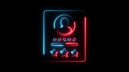 Neon glowing user profile interface with rating stars and progress bar on black background digital animation - Powered by Adobe