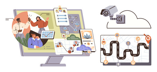 People collaborating on a digital interface with maps, charts, and icons for route tracking, cloud-connected camera, and data. Ideal for analytics, teamwork, security, planning technology