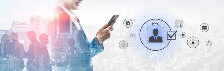 Digital KYC verification with biometric scan, ID authentication, and financial security icons...