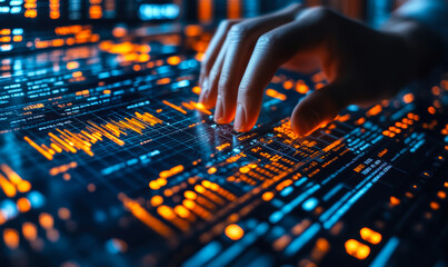 Close-up of hand interacting with futuristic digital financial data charts and analytics interface glowing in blue and orange colors on touchscreen panel