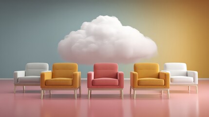 Stylish and colorful chairs arranged in a modern setting under a cloud.