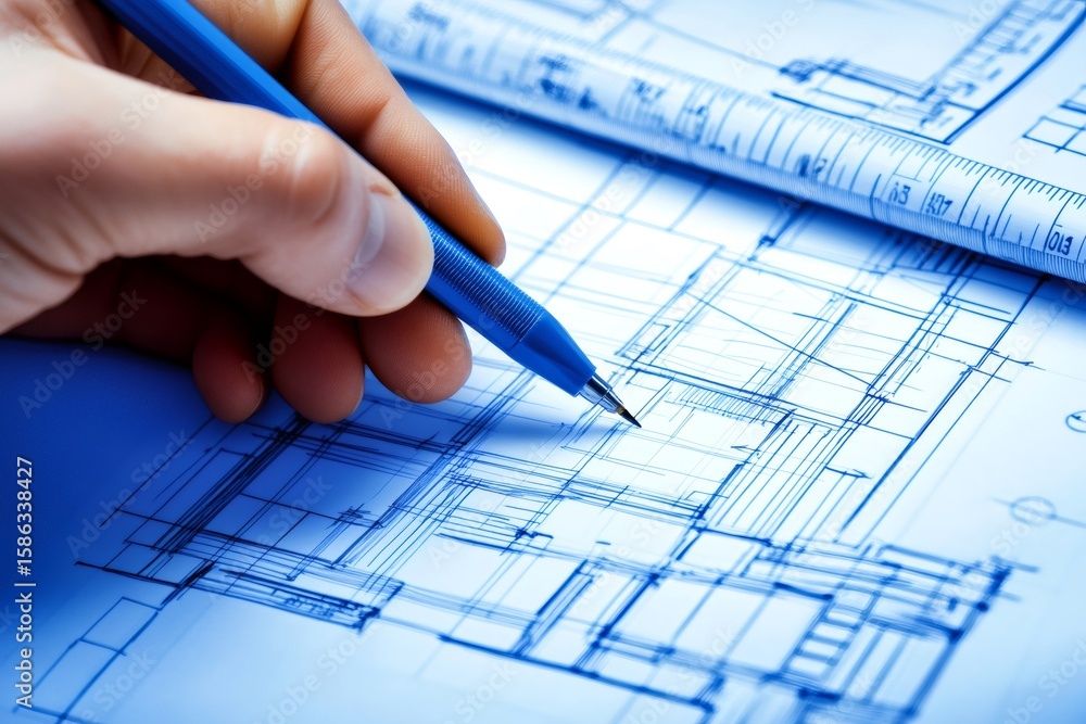 Poster close up of architect's hand sketching building blueprint using mechanical pencil, with ruler lying 