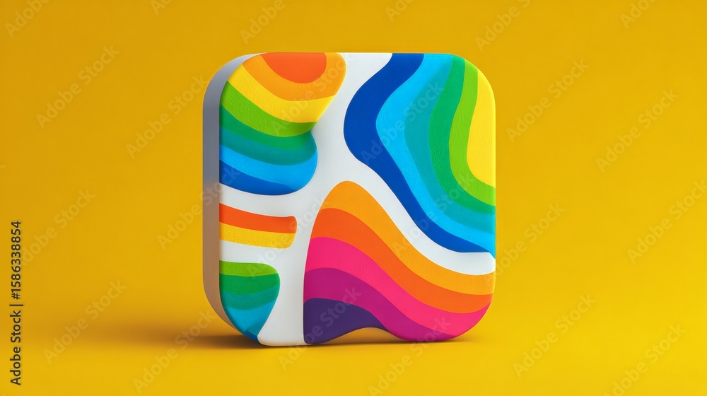 Poster vibrant abstract design with colorful wavy patterns on a bright yellow background.