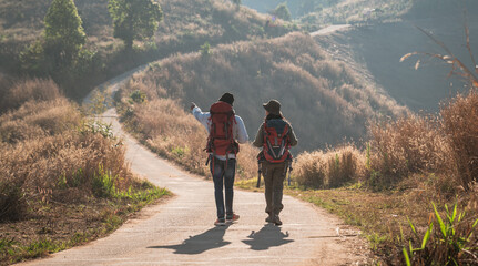 A couple is hiking along a forest trail on a beautiful day, enjoying nature and their outdoor adventure perfect for themes of travel, hiking, and togetherness. © NewSaetiew