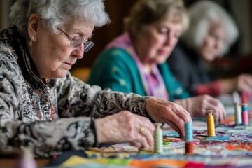 Senior women are working together on a vibrant patchwork quilt, demonstrating their crafting skills and enjoying a shared activity