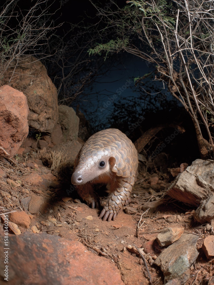 Poster pangolin walking toward the camera in a dry environment with rocky terrain and sparse vegetation