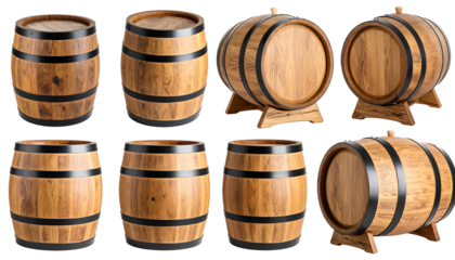 Wooden Barrels: Collection of Oak Barrels, Wine Barrels, Whiskey Barrels, Beer Barrels, Various Angles, Barrel Views, Wooden Casks, Beverage Containers PNG, Transparent Background.