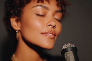 Obraz premium portrait of gospel singer pouring soulful improv over church mic in soft warm light eyes closed