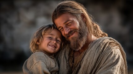 Jesus lifts a smiling child into the air in a village courtyard at golden hour, as sunlight glows around them in a joyful and tender biblical moment of love and peace.