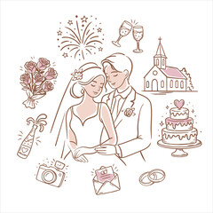 Romantic vector of bride and groom surrounded by wedding symbols: cake, champagne, bouquet, fireworks, rings, camera, envelope, church. Perfect for invitations and deco
