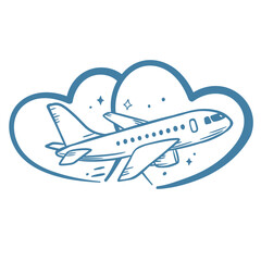 Blue line vector of an airplane flying through a heart-shaped cloud. Great for honeymoon, travel, and destination wedding themes