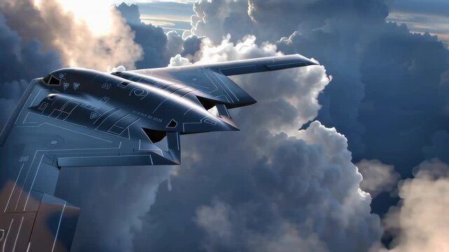The B-2 Spirit stealth bomber flies through a dramatic, cloud-filled sky, a stunning aerial view.