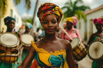 Young Haitian woman dancing rara in traditional colorful clothing with other musicians playing drums during a street parade in Haiti
