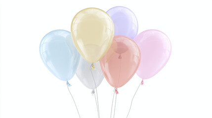 Set of five pastel balloons in different colors tied together with string, semi-transparent style, transparent background