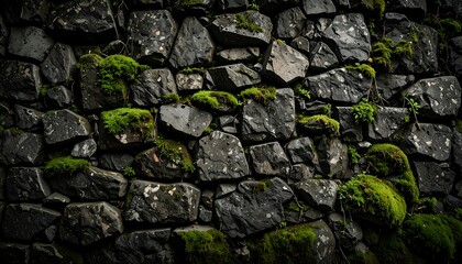 Dark gray stone wall, textured with patches of vibrant green moss