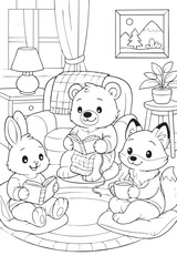 Simple line drawing of a cozy room with bear, rabbit and fox reading books, sitting on cushions and armchair in a home interior. A coloring book page for kids, with vector crisp lines, bold outline