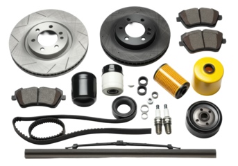 New automotive parts: brake discs, pads, filters, spark plugs, timing belt, wiper blades, flat lay on a clean white background with copy space, professional studio lighting, concept of vehicle