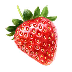 Watercolor PNG of a whole ripe strawberry with red skin, tiny seeds, and a fresh green leafy top. Isolated on a transparent background, perfect for fruit-themed designs and summer projects.