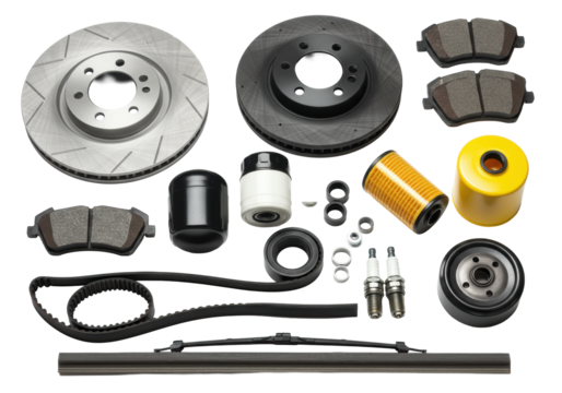 New automotive parts: brake discs, pads, filters, spark plugs, timing belt, wiper blades, flat lay on a clean white background with copy space, professional studio lighting, concept of vehicle