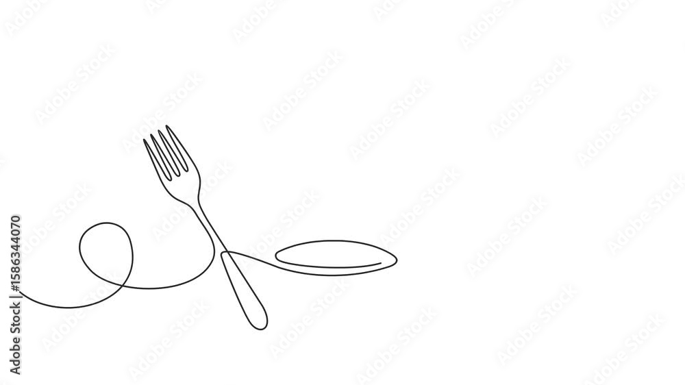 Poster animated self drawing of continuous line draw of fork, spoon and chef hat or cap . menu food design.