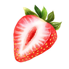 Half Strawberry (Watercolor PNG on Transparent Background)
Watercolor PNG of a juicy half-cut strawberry with visible seeds, red flesh, and green top, isolated on a transparent background. 