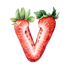 Watercolor PNG of the letter V shaped like a juicy strawberry with tiny seeds, vibrant red color, and a small leafy green crown. Ideal for playful fruity alphabet projects and kids' prints.