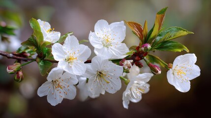 Premium image of stunning white cherry tree blooms emerging on branches adorned with green leaves.