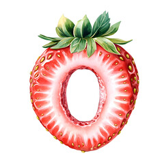 Watercolor PNG of the letter O designed as a plump strawberry with rich red texture, dotted yellow seeds, and a green leafy top. Great for fruity kids’ alphabets, nursery art, and summer-themed design