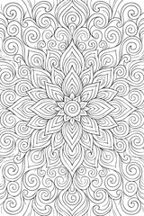 Simple line drawing of a decorative mandala with flower petals, leaves, swirls and radial balance. A coloring book page for kids, with vector crisp lines, bold outline, white background, simple design